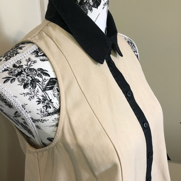 CUE Size 8 Coffee/Black Trim Linen-Blend Sleeveless Pleated Fit&Flare Swing Top - Picture 9 of 16